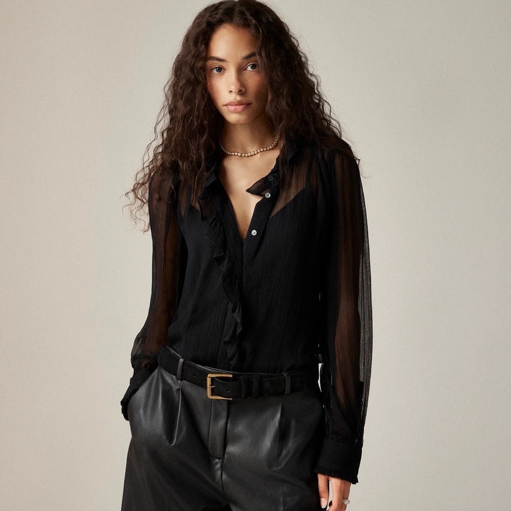 J Crew Ruffle button-up shirt in crinkle chiffon Size 6 in Black